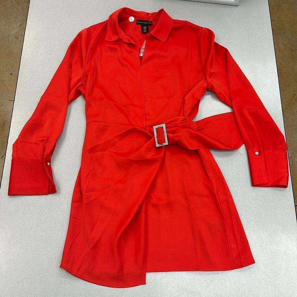 House of harlow red satin rhinestones trim wrap mini dress M